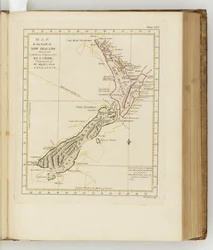 Kaart van de kust van Nieuw-Zeeland, illustratie uit Een reisverslag naar de Zuidzeeën: in Zijne Majesteits schip, de Endeavour, 1794